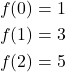 \begin{eqnarray*} f(0)=1\\ f(1)=3\\ f(2)=5 \end{eqnarray*}